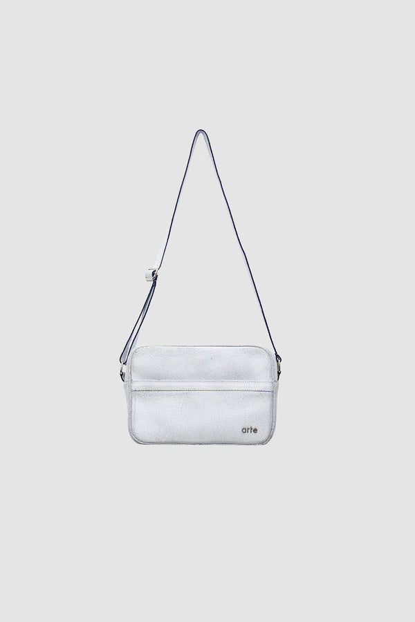 Cracked Leather Side Bag in White, front view