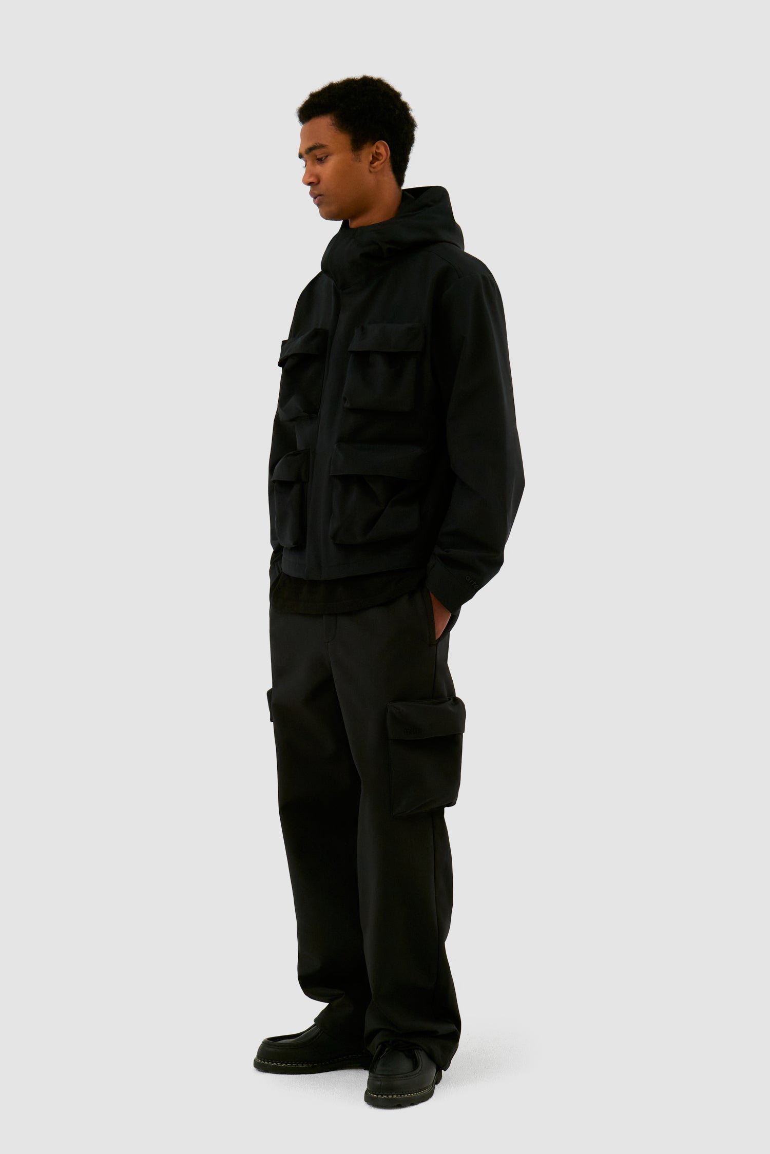 3D Pockets Hooded Nylon Jacket -  Black