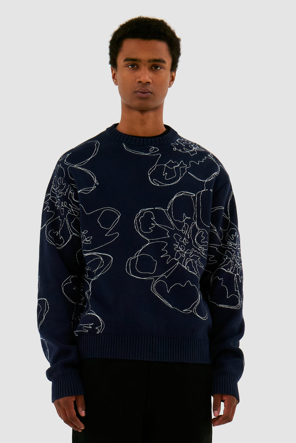 Embroidered Flower Knit - Navy