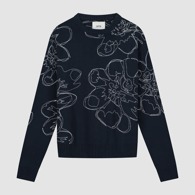 Tricot à fleurs brodées - Marine
