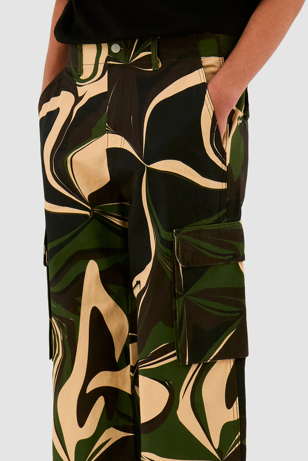 Detail view of Camo Cargo Pants in Print, showing camouflage print and cargo pocket