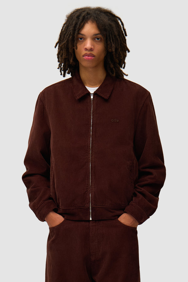Corduroy Jacket in Brown worn by a model, half-body front view