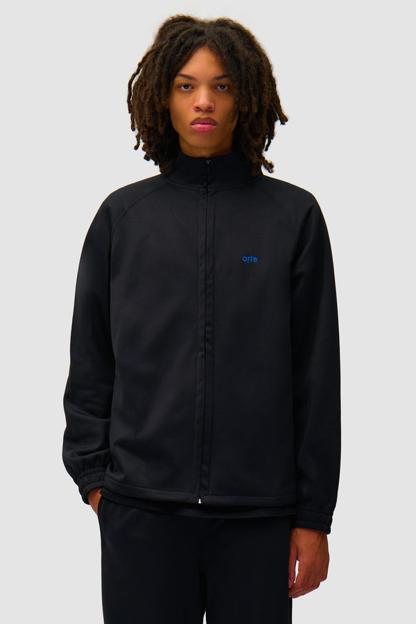 Carded Tracksuit Top in Black worn by a model, half-body front view