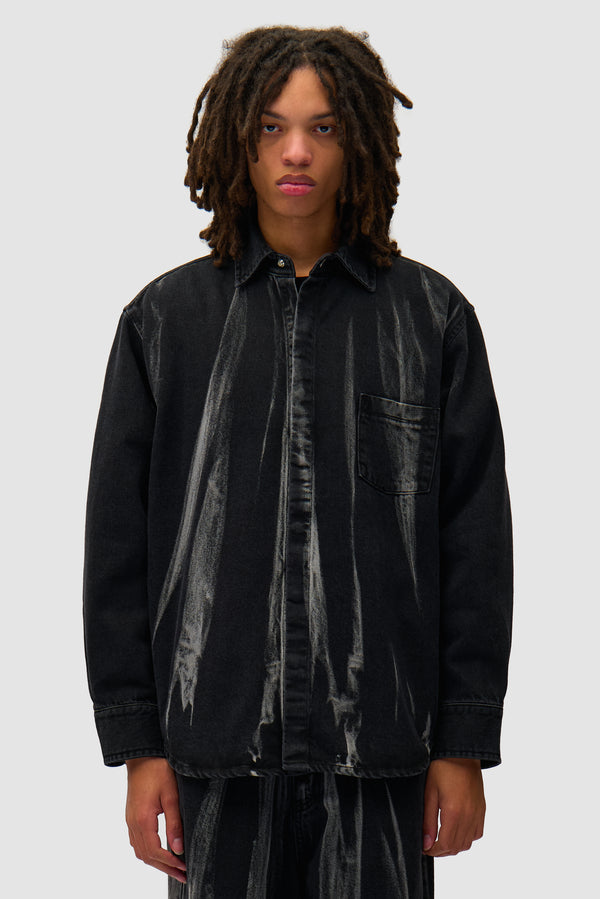 Denim Shirt in Black Denim worn by a model, half-body front view