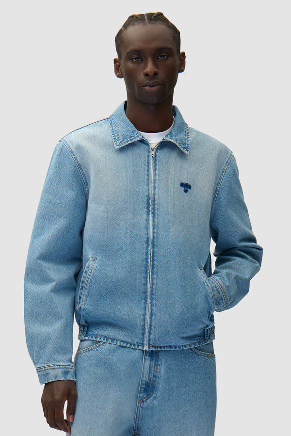 Heart Logo Jacket in Bleach worn by a model, half-body front view