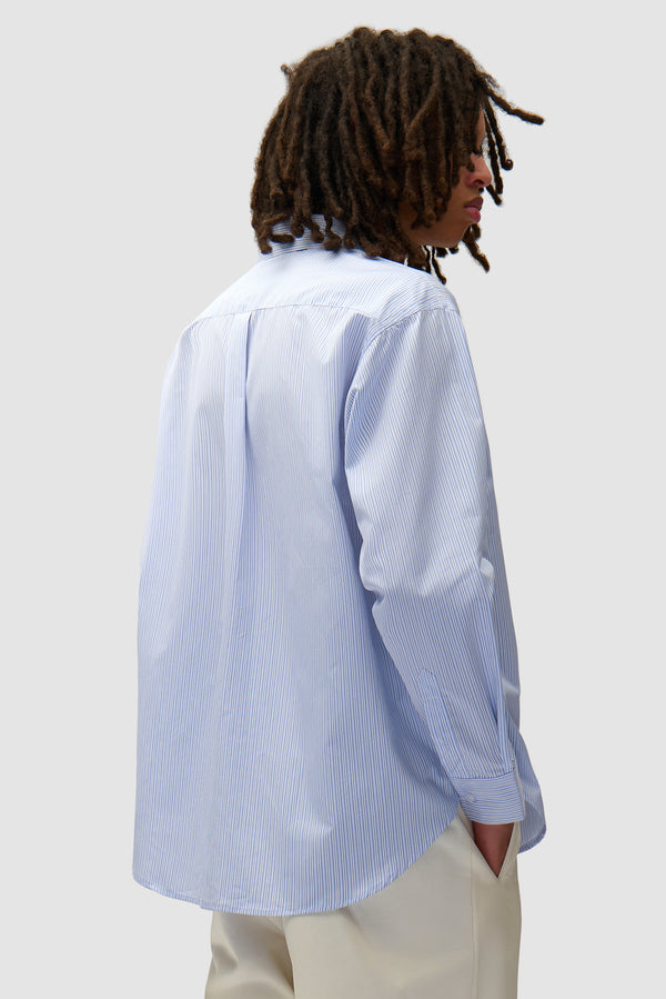 Arte Blocks Shirt in Striped worn by a model, half-body back view