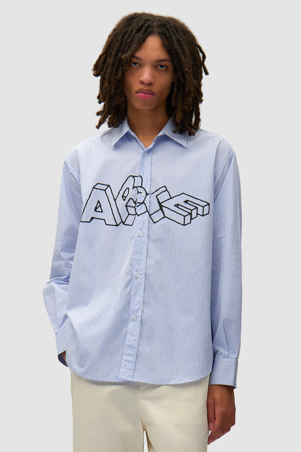 Arte Blocks Shirt in Striped worn by a model, half-body front view