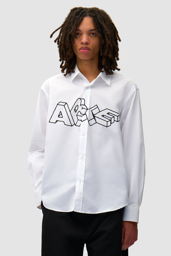 Arte Blocks Shirt in White worn by a model, half-body front view