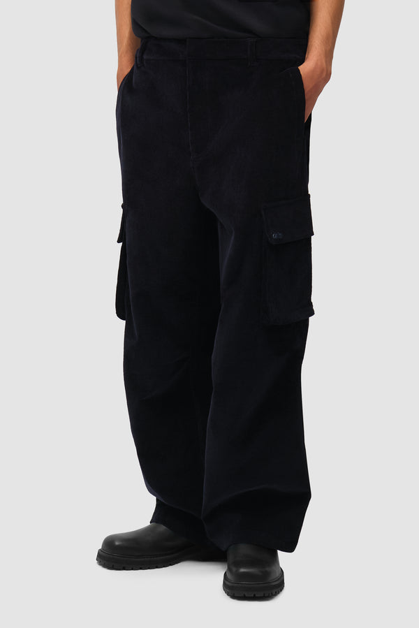 Corduroy Cargo Pants in Navy worn by a model, half-body front view