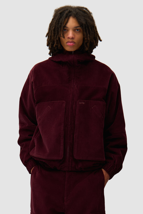 Corduroy Technical Jacket in Bordeaux worn by a model, half-body front view