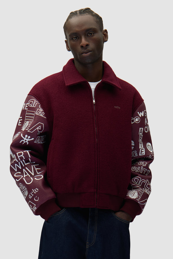 Graffiti Varsity Jacket in Bordeaux worn by a model, half-body front view