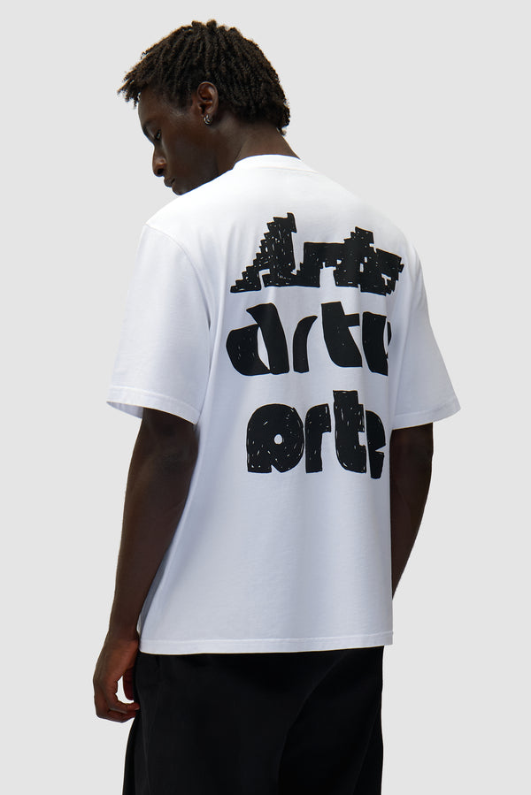 Multi Arte Print T-Shirt in White worn by a model, half-body back view