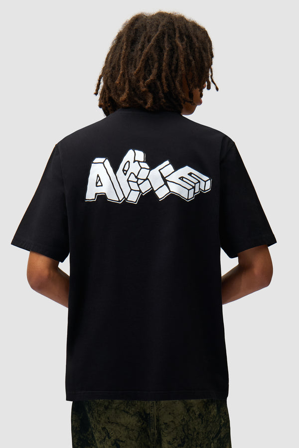 T-shirt imprimé Blocks en noir porté par un mannequin, vue de dos à mi-corps