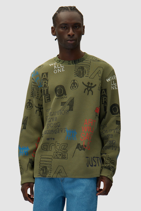 Allover Waffle Longsleeve in Green worn by a model, half-body front view