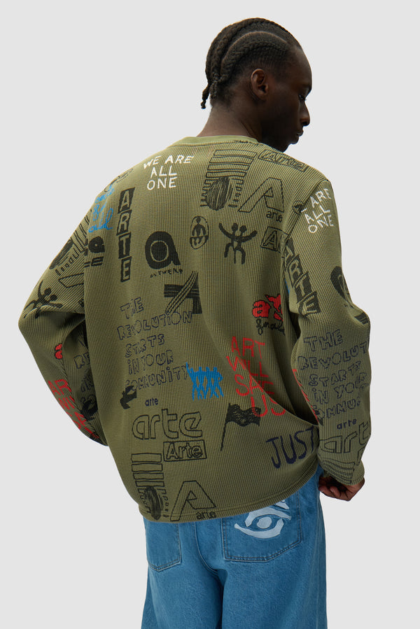 Allover Waffle Longsleeve in Green worn by a model, half-body back view