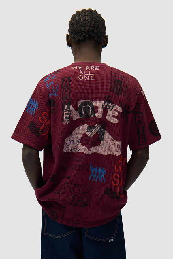 Waffle T-shirt in Bordeaux worn by a model, half-body back view
