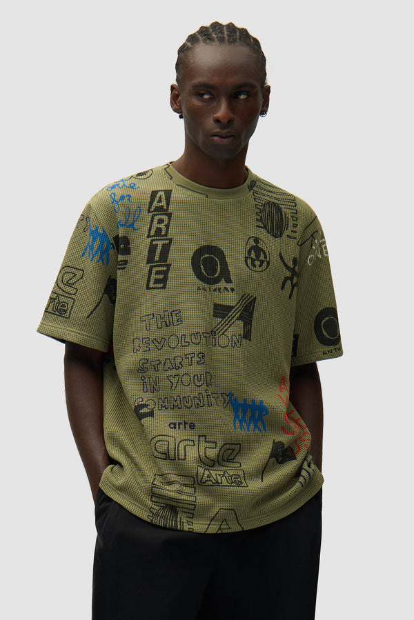 Waffle T-shirt in Green worn by a model, half-body front view