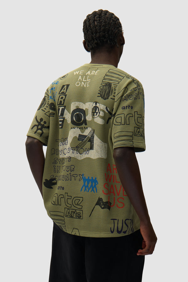 Waffle T-shirt in Green worn by a model, half-body back view