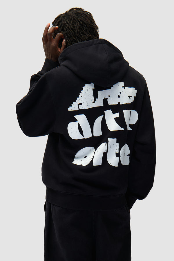 Multi Arte Print Hoodie in Black worn by a model, half-body side view