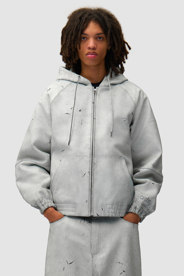 Cracked Leather Jacket in White worn by a model, half-body front view