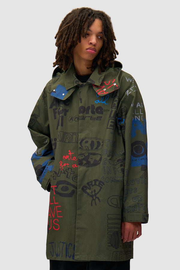 Art Saves Coat in Dark Green worn by a model, half-body front view