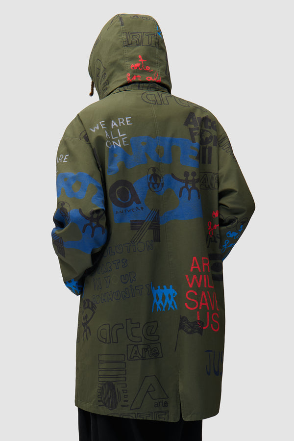 Art Saves Coat in Dark Green worn by a model, half-body back view