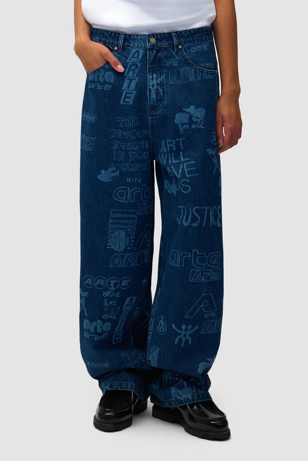 Graffiti Allover Pants in Bleach worn by a model, half-body front view