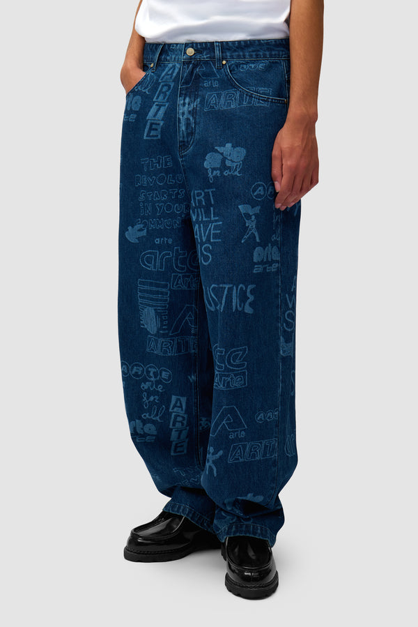 Graffiti Allover Pants in Bleach worn by a model, half-body back view