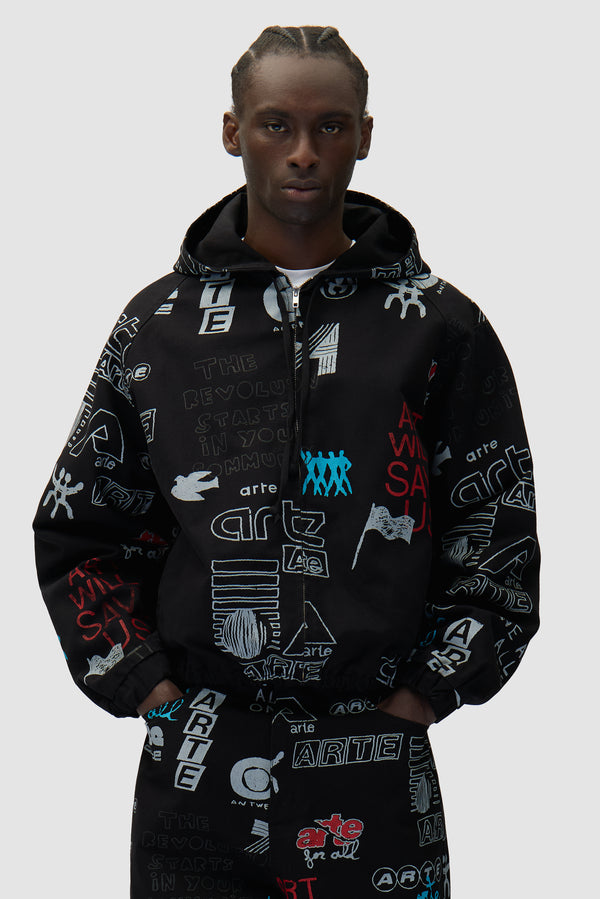 Graffiti Allover Jacket in Black worn by a model, half-body front view