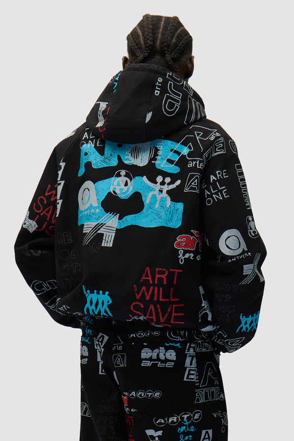 Graffiti Allover Jacket in Black worn by a model, half-body back view
