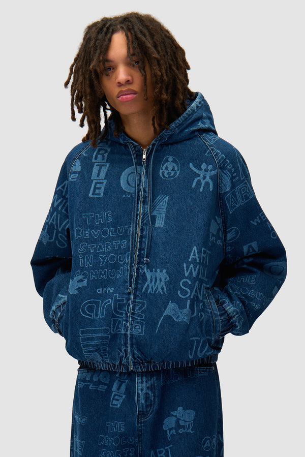 Graffiti Allover Jacket in Bleach worn by a model, half-body front view