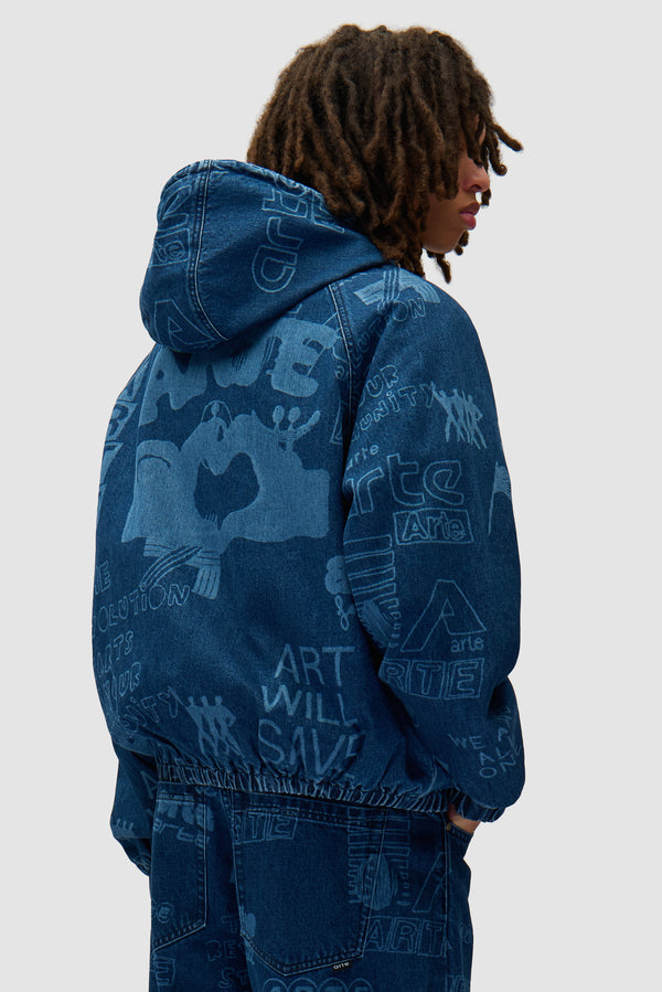 Graffiti Allover Jacket in Bleach worn by a model, half-body back view