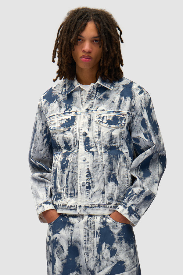 Paint Jacket in White worn by a model, half-body front view