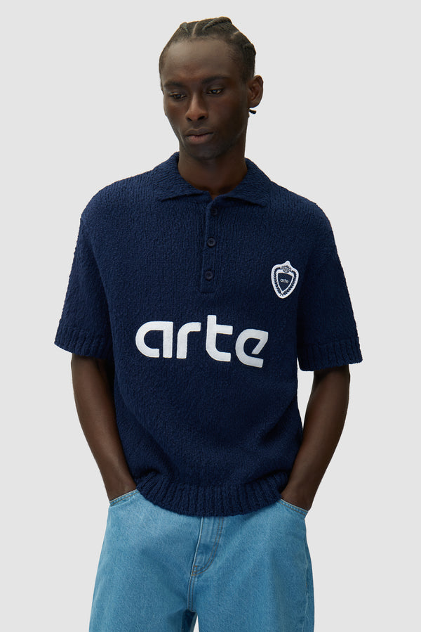 Football Knit in Blue worn by a model, half-body front view