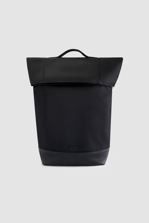 Folding Backpack in Black worn by a model, half-body front view