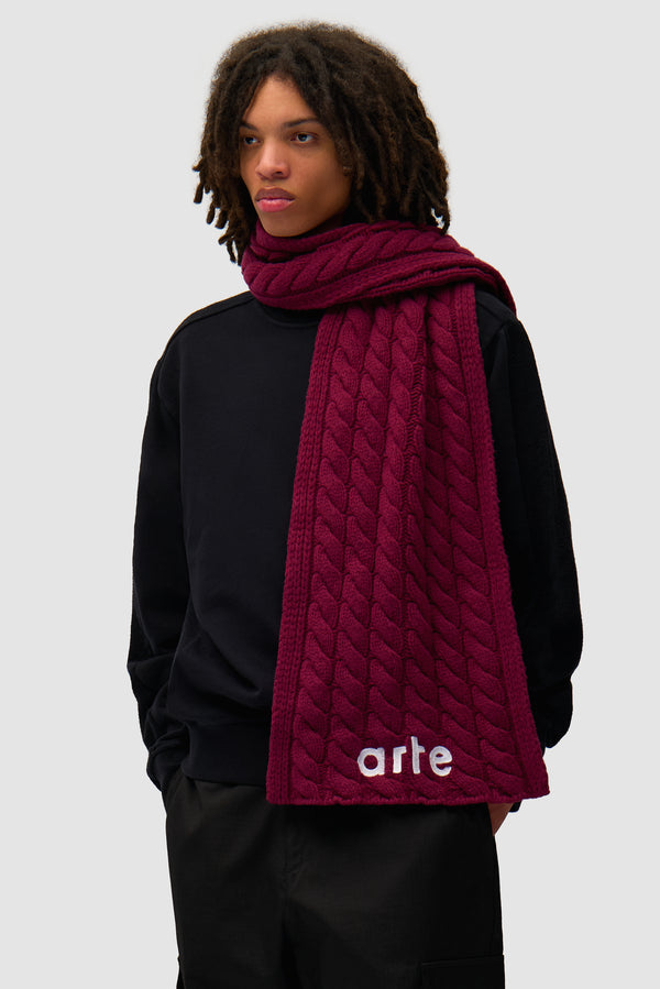 Textured Logo Scarf in Bordeaux worn by a model, half-body front view