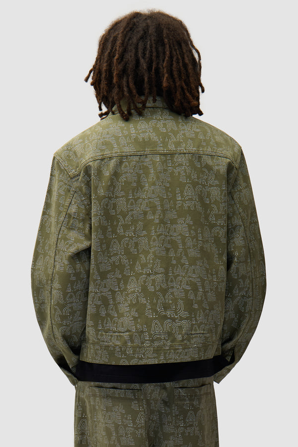 Allover Arte Jacket in Green worn by a model, half-body back view