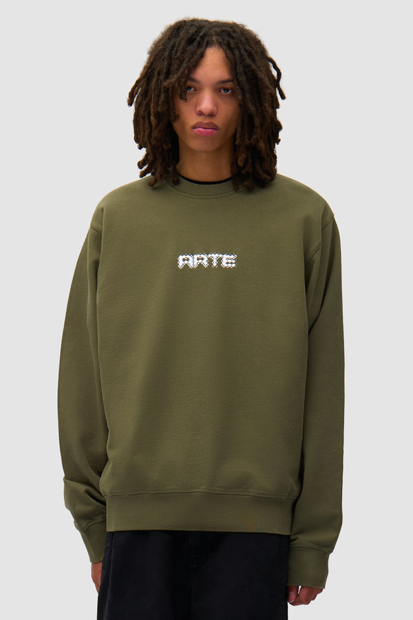 Arte Pixel Crewneck in Green worn by a model, half-body front view