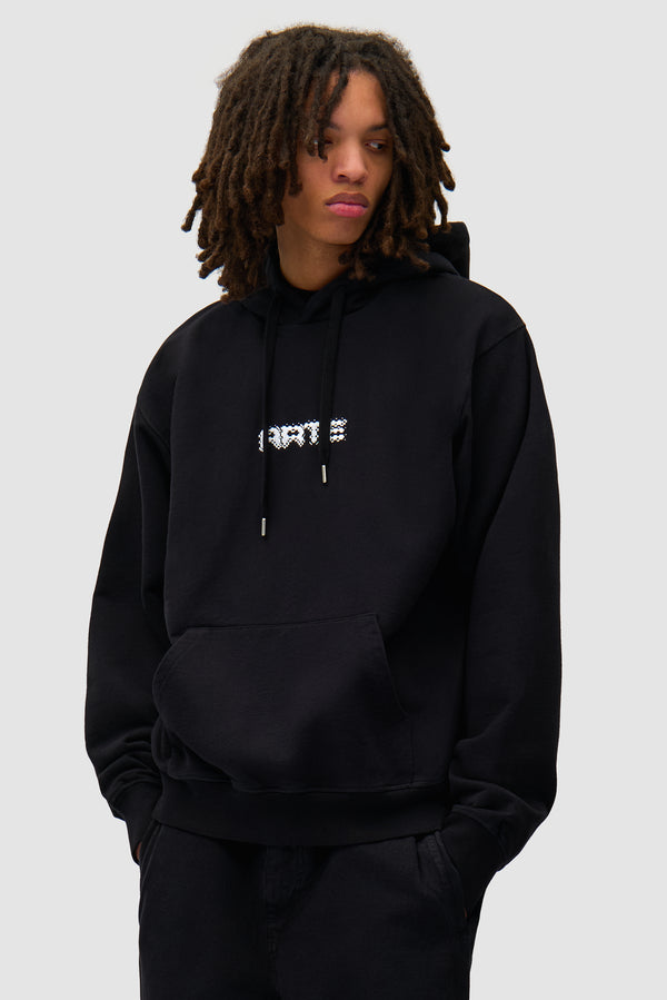 Arte Pixel Hoodie in Black worn by a model, half-body front view