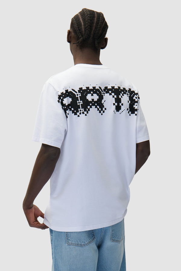 Pixel Back T-shirt in White worn by a model, half-body back view