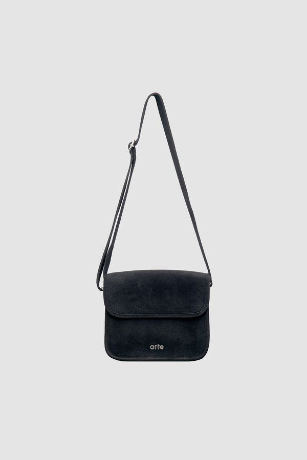 Suede Side Bag in Black, front view