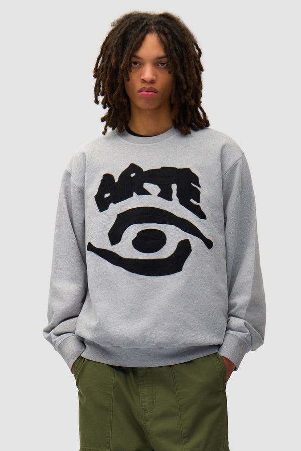 Eye Front Crewneck in Grey worn by a model, half-body front view