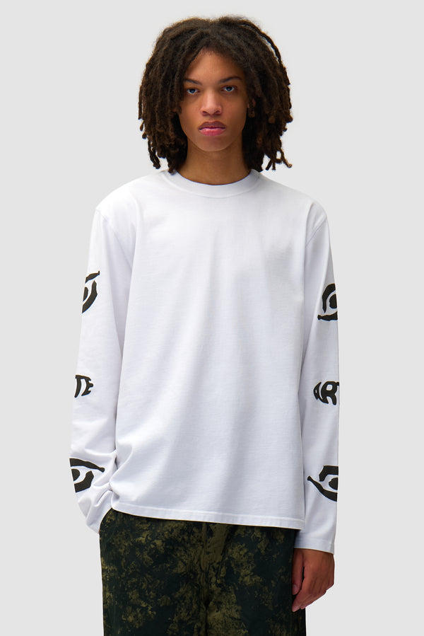 Eye Sleeve Longsleeve in White worn by a model, half-body front view