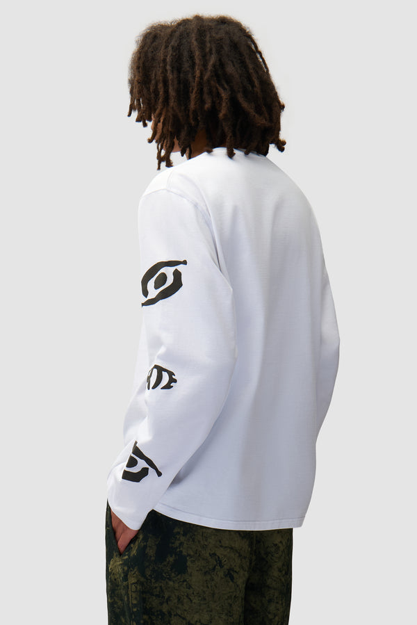Eye Sleeve Longsleeve in White worn by a model, half-body back view