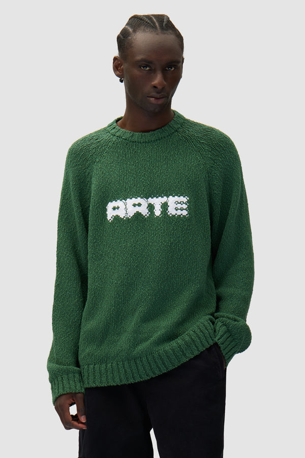 Pixel Front Knit in Green worn by a model, half-body front view