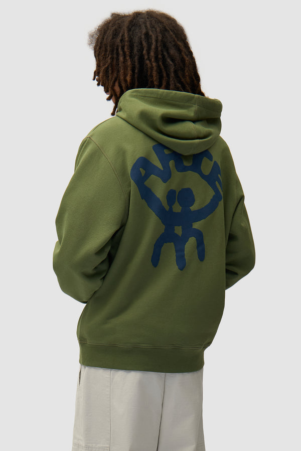 Arte Together Hoodie in Green worn by a model, half-body back view