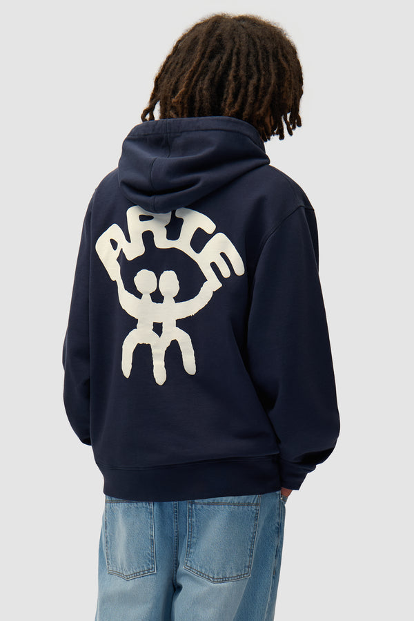 Arte Together Hoodie in Navy worn by a model, half-body back view