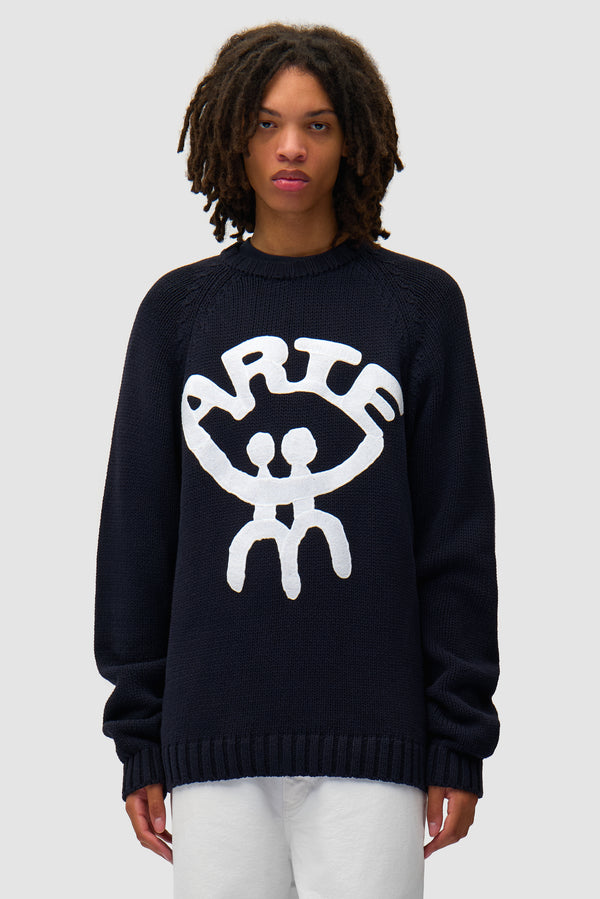 All Together Sweater in Navy worn by a model, half-body front view