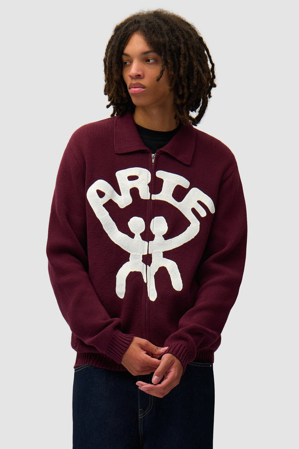 All Together Cardigan in Bordeaux worn by a model, half-body front view