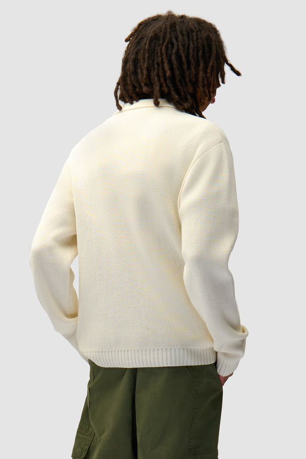 All Together Cardigan in Cream worn by a model, half-body back view